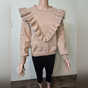 Entro By Anthropologie Ruffle Sueter Beige Round Neck Long Sleeve Size Small
